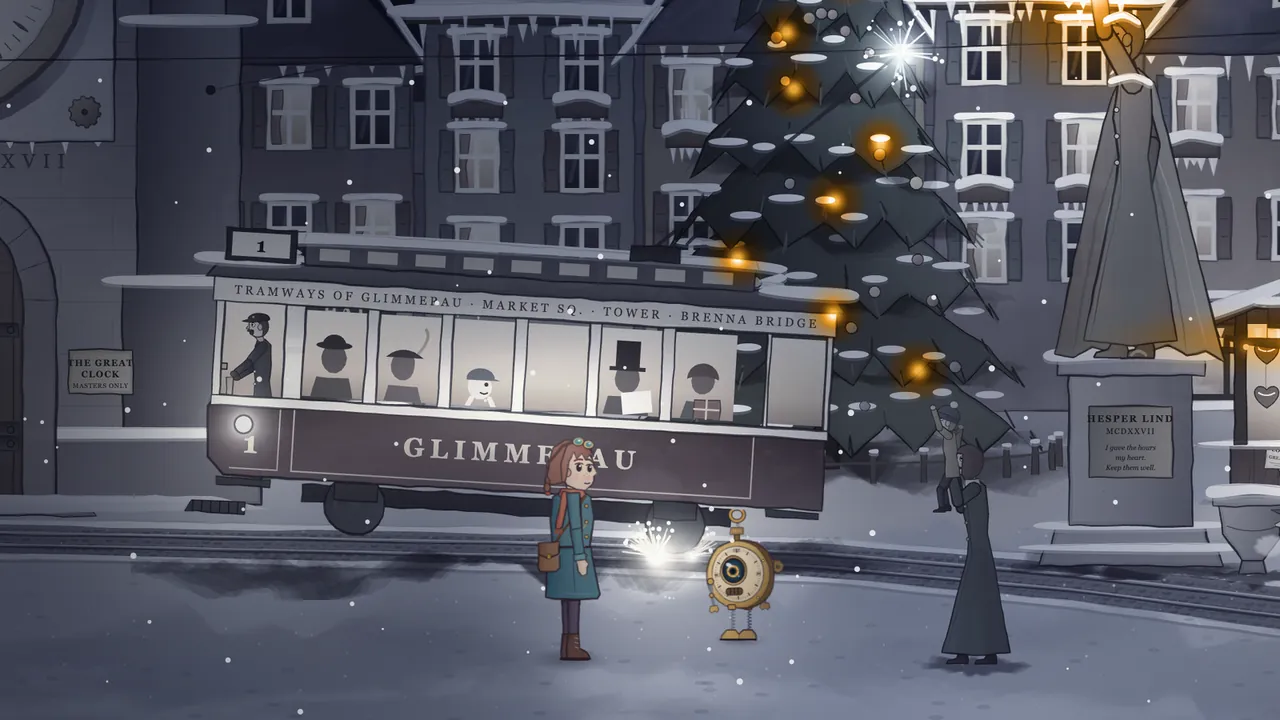 The market square of Glimmerau frozen in gray: a tram marked Glimmerau tipped half off its rails with sparks hanging under its wheels, a big Christmas tree with gold lights still glowing, a statue of Hesper Lind, and Mira and Tik in color in the snow