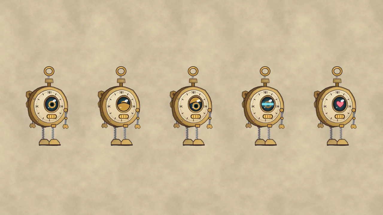 Five drawings of Tik, a round brass pocket-watch robot on spring legs, side by side on paper, each with a different eye: open, happily closed, sad, scanning with a bright line, and a pink heart