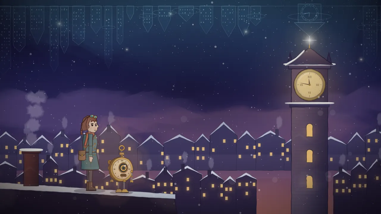 Mira in a teal coat and Tik, a little brass pocket-watch robot, standing on a snowy rooftop at night, looking at a clock tower stopped at 11:47, while a pale outline of a future town hangs upside down in the sky above