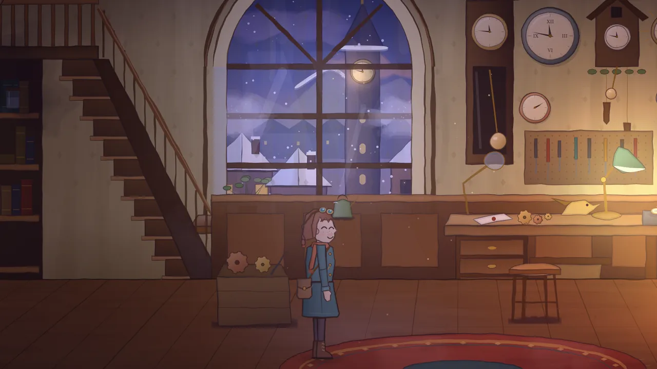 Mira, a girl in a teal coat and rust scarf with brass goggles on her head, smiling in a warm, lamp-lit clockmaker’s workshop, a great arched window behind her showing the snowy town and the clock tower