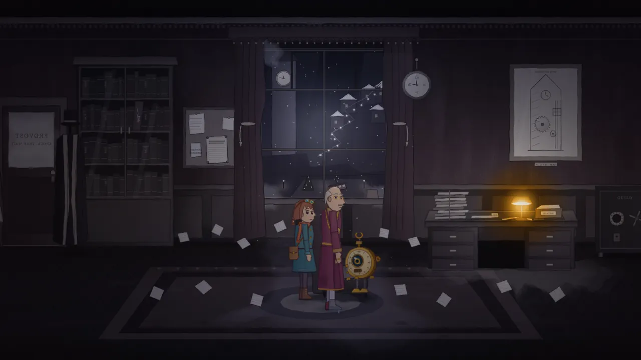 The Provost’s office in the stopped minute, dark and gray: Provost Crane, an old man in a plum dressing gown, stands on a rug with Mira in her teal coat and Tik, the brass pocket-watch robot, while loose sheets of paper hang in the air around them; behind them stand a tall bookcase, a cork board with notes, a window onto the snowy town, a wall clock and a framed drawing of the clock tower, and on the desk on the right a lamp with a green shade glows warm gold beside stacks of folders