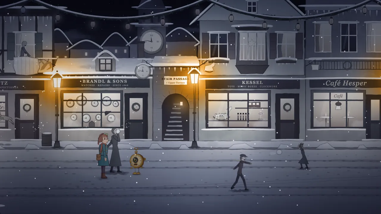 Clockmaker’s Lane in the stopped minute, drained to gray: Mira, a girl with auburn hair in a teal coat with a brown satchel, stands in the snowy street with Tik, the little brass pocket-watch robot, beside a gentleman frozen mid-sneeze and a figure in a cap stopped mid-stride; behind them Brandl and Sons with a window full of clocks, the arched Stair Passage to the Upper Terrace, the Kessel toy shop and Café Hesper all stand in shades of gray, and the only warm color in the street comes from two tall glimmer lamps glowing gold in front of the shops