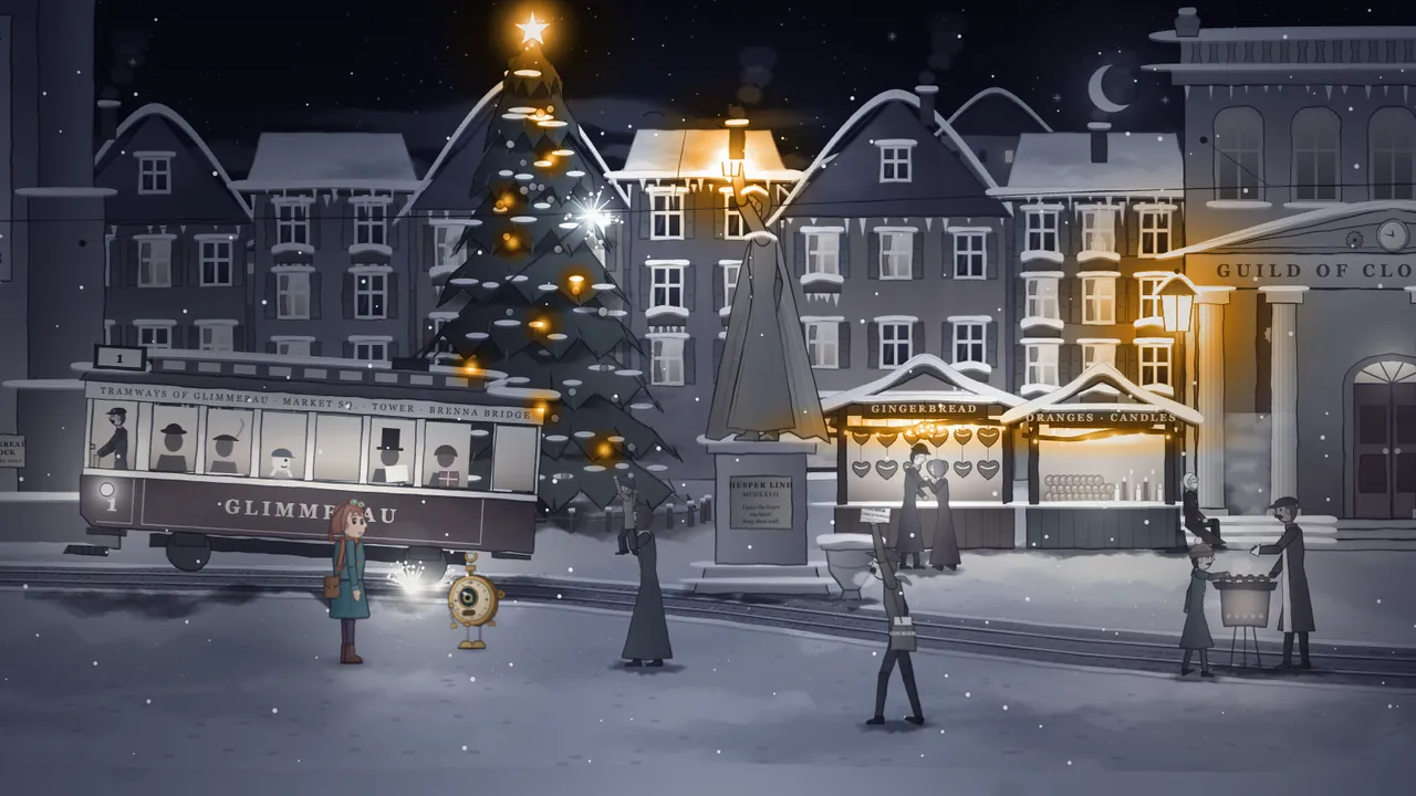 The market square in the stopped minute: the tall Winding tree glows with gold baubles and a bright gold star at the top, and beside it the gray statue of Hesper Lind on a stone base raises a lantern that burns gold; tram No. 1 stands stopped on the left with Mira in her teal coat and Tik, the brass pocket-watch robot, in front of it, the gingerbread and oranges stalls stand gray on the right, a newsboy holds up the Courier, a family waits by the chestnut brazier, and a glimmer lamp glows gold in front of the Guild of Clockmakers