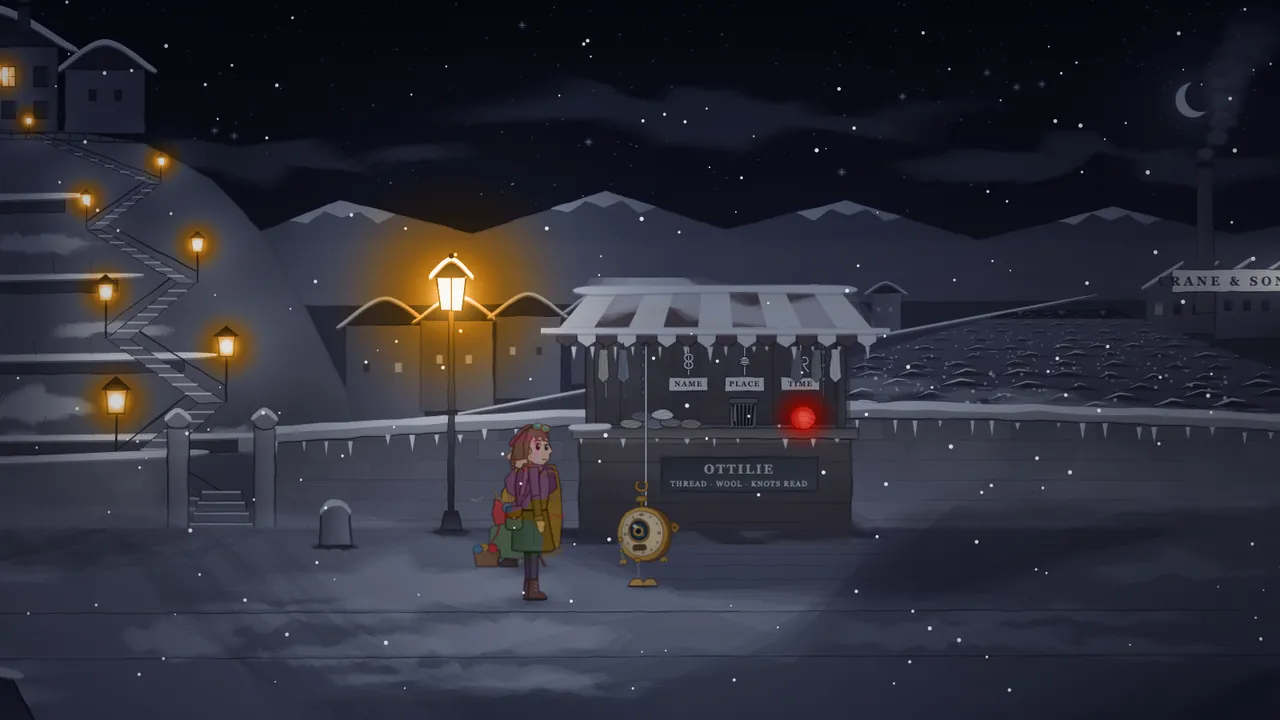 Brenna Bridge at night, drained to gray: on the left a stair zigzags up a snowy hill to the Upper Terrace with small glimmer lamps glowing gold all the way up, a tall lamp on the bridge rail glows gold in the middle, and Mira, wrapped in a scarf and blanket with a bag at her feet, stands beside Tik, the brass pocket-watch robot, next to Ottilie’s little shop with a striped awning and cords hanging from nails; behind them the river has stopped in gray ridges under dark mountains and a crescent moon