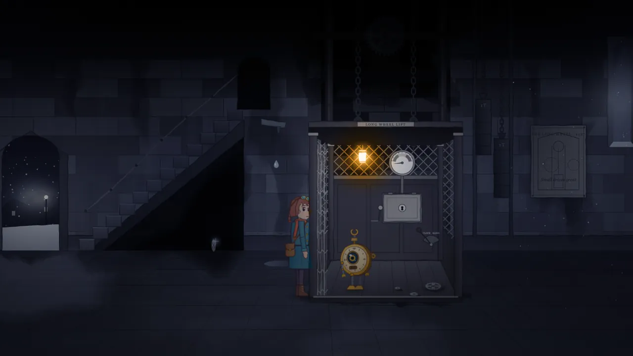 Inside the foot of the clock tower, in cold gray and blue: a dark stone stair climbs the wall on the left, an open door shows snow and a small lamp outside, and on the right stands the Long Wheel Lift, an oak cage with a brass grille, a round gauge and a lock plate, hung on chains; a small lamp inside the cage glows warm gold, and Mira in her teal coat stands at the cage door with Tik, the brass pocket-watch robot