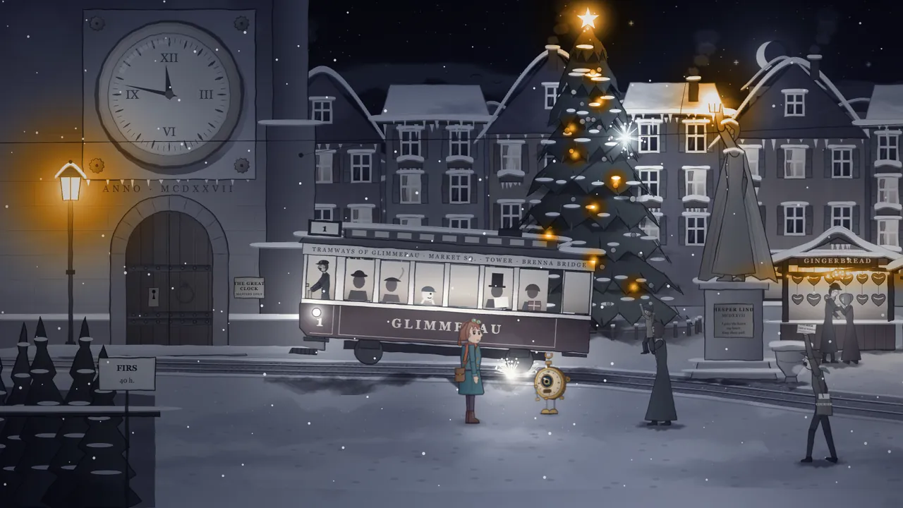 The foot of the Great Clock tower on the market square, in shades of gray: a big clock face reads 11:47 above an arched wooden door and the words ANNO MCDXXVII, and a glimmer lamp beside the door glows warm gold; tram No. 1 stands stopped on the bend with silhouetted passengers in hats, a burst of white sparks hangs under its wheels, Mira in her teal coat stands in the snow with Tik, the brass pocket-watch robot, and behind them the Winding tree glows with gold baubles and a gold star
