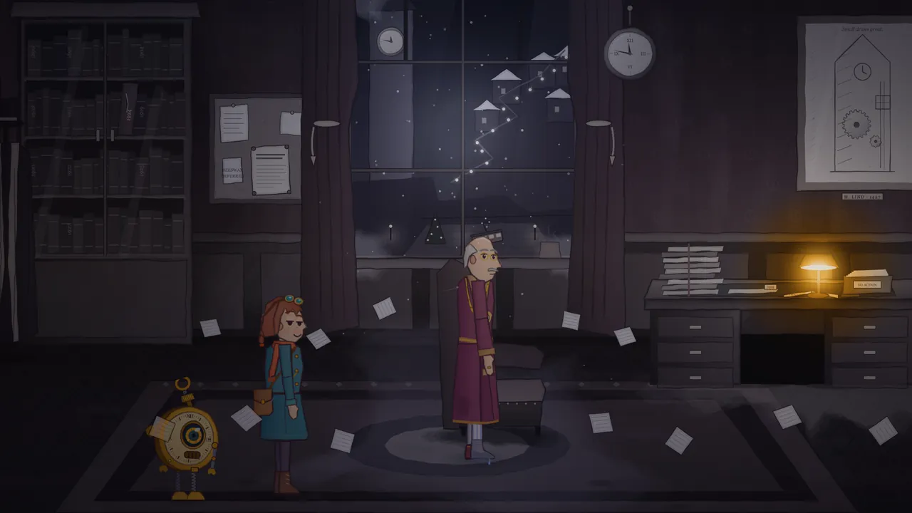 The Provost’s office at night, in dark red and shadow: Provost Crane, a bald old man with white tufts of hair in a long wine-red dressing gown, stands on a round rug in the middle of the room, and loose sheets of paper hang in the air all around him at knee height; Mira, in her teal coat with goggles on her head, stands to the left with a sly little smile, and Tik, the brass pocket-watch robot, stands behind her with a sheet of paper frozen in front of his face; behind them are a tall bookcase, a cork board with notes, a tall window onto the snowy town, a wall clock, a framed cutaway drawing of the clock tower and a desk under stacks of folders with a lamp glowing on it