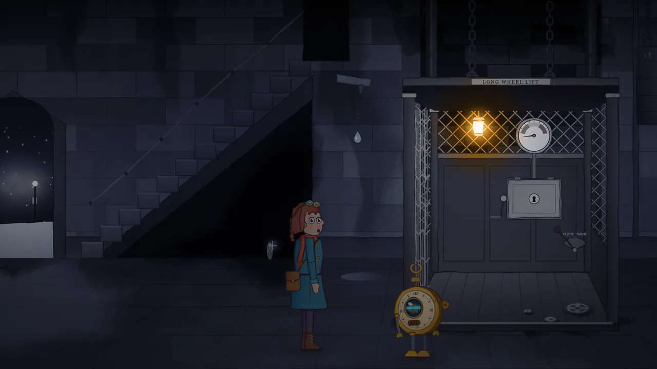 Inside the foot of the clock tower, in cold blue gray: Mira, in her teal coat and rust scarf, stands looking up in surprise next to Tik, the brass pocket-watch robot, near a dark stone stair that climbs the wall; above them a single drop of water hangs in midair under a little spout; on the right stands the Long Wheel lift, an open cage with a lit amber lamp, a round gauge, a brass lock plate and a CLOCK and HAND lever, hung on heavy chains, and on the left an open door shows snow and a lamp outside