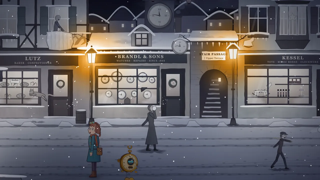 Clockmaker’s Lane at night, in shades of gray and lamplight gold: Mira in her teal coat and rust scarf stands in the snowy street looking surprised, with Tik, the brass pocket-watch robot, beside her; behind them are the Lutz bakery with loaves in the window and a cat caught mid-leap in front of it, Frau Lutz upstairs leaning out of her window over a big white feather bed, Brandl and Sons with a window full of clocks and a bowler hat hanging in the air, a gentleman frozen mid-sneeze with a handkerchief, the arched Stair Passage to the Upper Terrace, the Kessel toy shop and a figure in a cap stopped mid-stride on the right, with a big clock face on a gable above the roofs