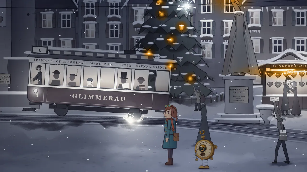 The market square of Glimmerau in the stopped minute: tram No. 1, a dark red tram with GLIMMERAU on its side and silhouetted passengers in hats at the windows, stands tilted on the bend with a bright burst of sparks hanging under its rear wheels; in front of it Mira, in her teal coat and rust scarf, stands in the snow beside Tik, the brass pocket-watch robot; behind them rise a tall Christmas tree with glowing orange baubles and a bright star, the statue of Hesper Lind on a stone base, a gingerbread stall with a couple under its lights and a newspaper seller holding up the Courier on the right, with tall snowy houses all around