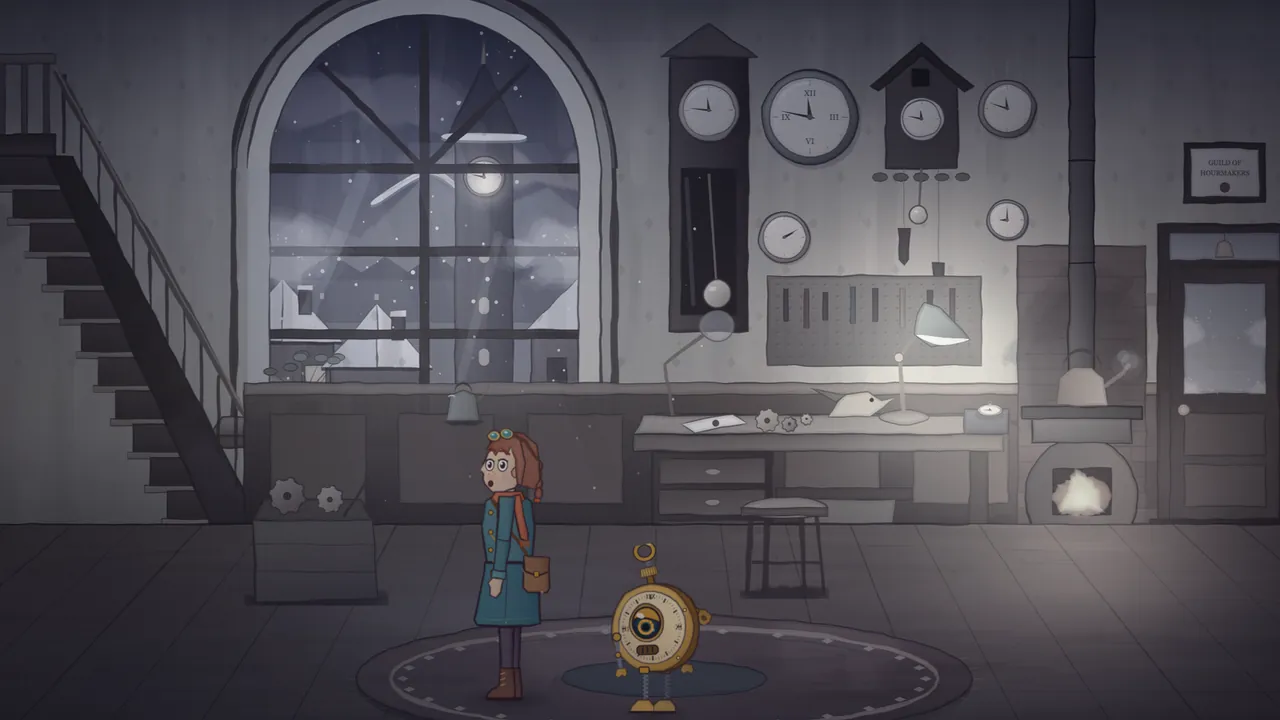 Grandpa’s workshop in the stopped minute, drained to gray: Mira, a girl with auburn hair, brass goggles pushed up on her head, a deep teal coat, a rust scarf and a brown satchel, stands with her mouth open in surprise in the middle of a round rug; beside her stands Tik, a little walking pocket watch with a brass case and one big lens eye; behind them a tall arched window shows snowflakes hanging still over the roofs and the lit dial of the Great Clock, a wall of clocks, a tall clock with its pendulum stopped to one side, a cuckoo clock, a workbench with a lamp and gears, and a stove whose fire stands still as a white flame, with a staircase up to a gallery on the left