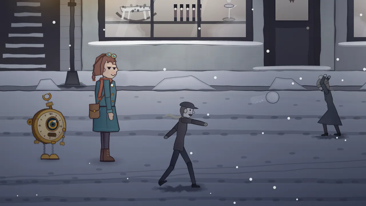 On a snowy street at night, with the whole town turned gray and still, Mira in her teal coat and orange scarf stands with a sly little smile next to Tik, the brass pocket-watch robot with spring legs, and watches the Kessel twins: Felix in a flat cap and scarf frozen mid-throw with his arm out, and a few steps ahead Greta ducking with her arms over her head, while a round snowball hangs in the air between them; behind them are the dark window of a toy shop with a rocking horse and tin soldiers, a street lamp and banks of snow