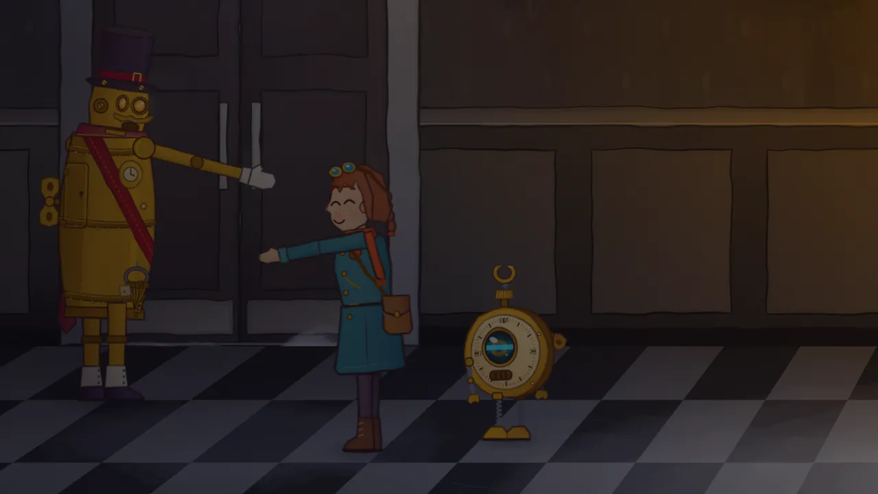 In the dim hall of the Guild of Clockmakers, by tall dark double doors, Barnaby, a tall brass porter robot with a purple top hat, round goggle eyes, a curled mustache, a red sash, a small clock on his chest, a winding key in his side, a ring of keys at his belt, white gloves and white spats, holds out one gloved hand, while Mira, smiling with her eyes shut, stretches her arm out to him and Tik waits behind her on the black-and-white checkered floor