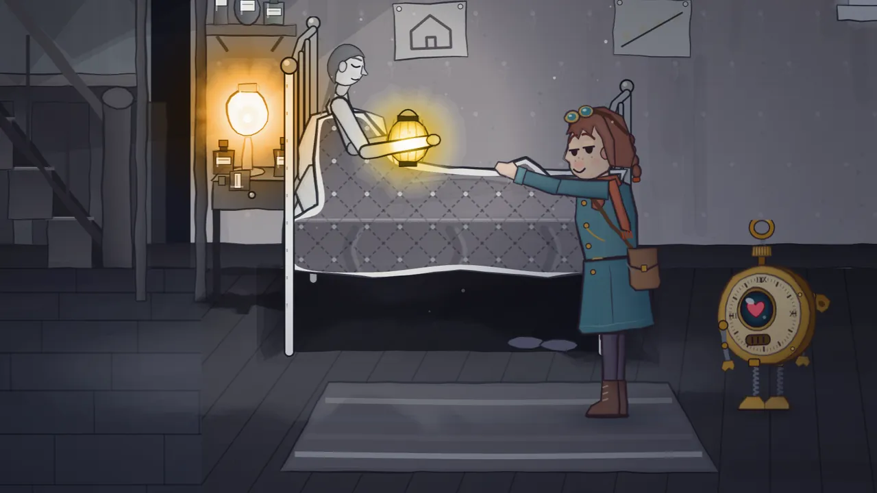 In a dark gray-blue bedroom, Lena, a thin girl frozen in gray, sits up with her eyes closed in a white iron bed, holding a glowing yellow paper lantern, while Mira in her teal coat and goggles pulls the diamond-quilted blanket up over her with both hands and Tik, the brass pocket-watch robot, watches from the right with a pink heart in his round eye; beside the bed stands a small table with medicine bottles and a glowing lamp, a child’s drawing of a house is pinned to the wall, slippers sit under the bed and a striped rug lies on the floorboards