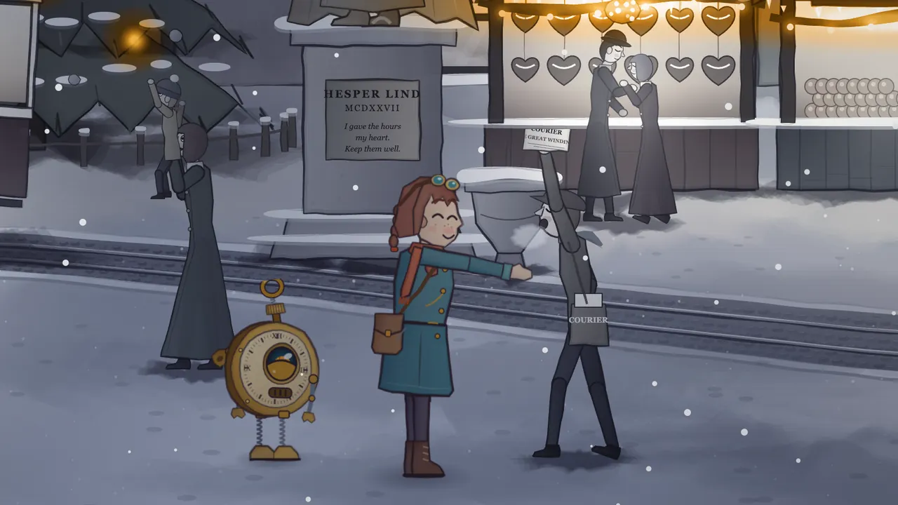 On the frozen market square at night, Mira, a girl with auburn braids, brass goggles, a teal coat and a satchel, smiles with her eyes shut and holds out her hand to the newsboy, who is frozen mid-shout with the Courier held up over his head and a Courier bag at his side, while Tik, a brass pocket-watch robot, stands beside her; behind them, all in gray, are the statue base of Hesper Lind with its plaque, a mother lifting her little boy up to see the star, and a couple a breath away from a kiss under the gingerbread hearts of a market stall