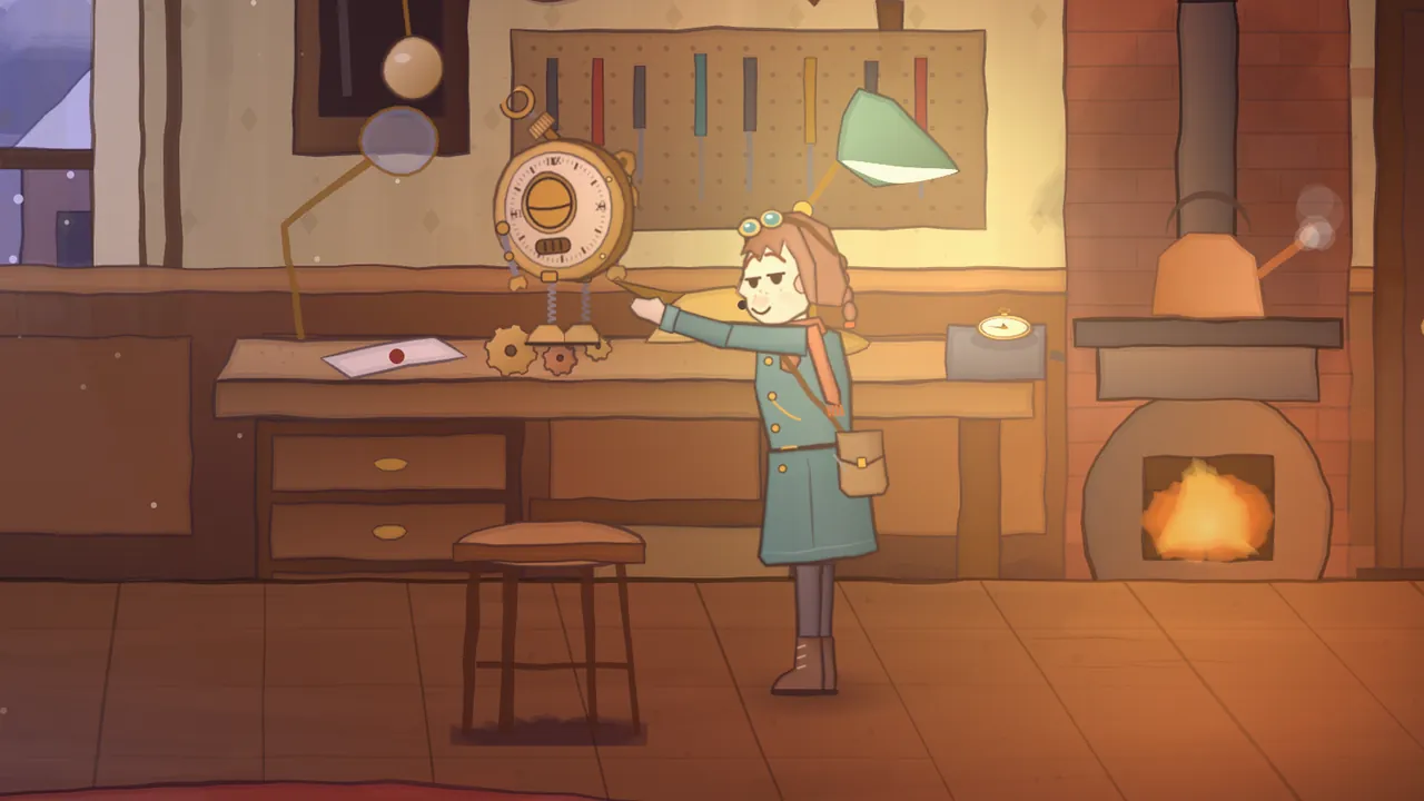 In Grandpa’s warm, lamp-lit workshop, Mira, a girl with auburn braids, brass goggles on her head, a teal coat, an orange scarf and a leather satchel, reaches toward Tik, a small brass robot shaped like a pocket watch who sits switched off on the workbench with his eye closed, next to a brass bird, a letter with a red seal, two small gears, a magnifier on a stand, a green-shaded lamp and a pocket watch in a little case; behind them hangs a tool board, and on the right a fire glows in a round iron stove under a copper kettle