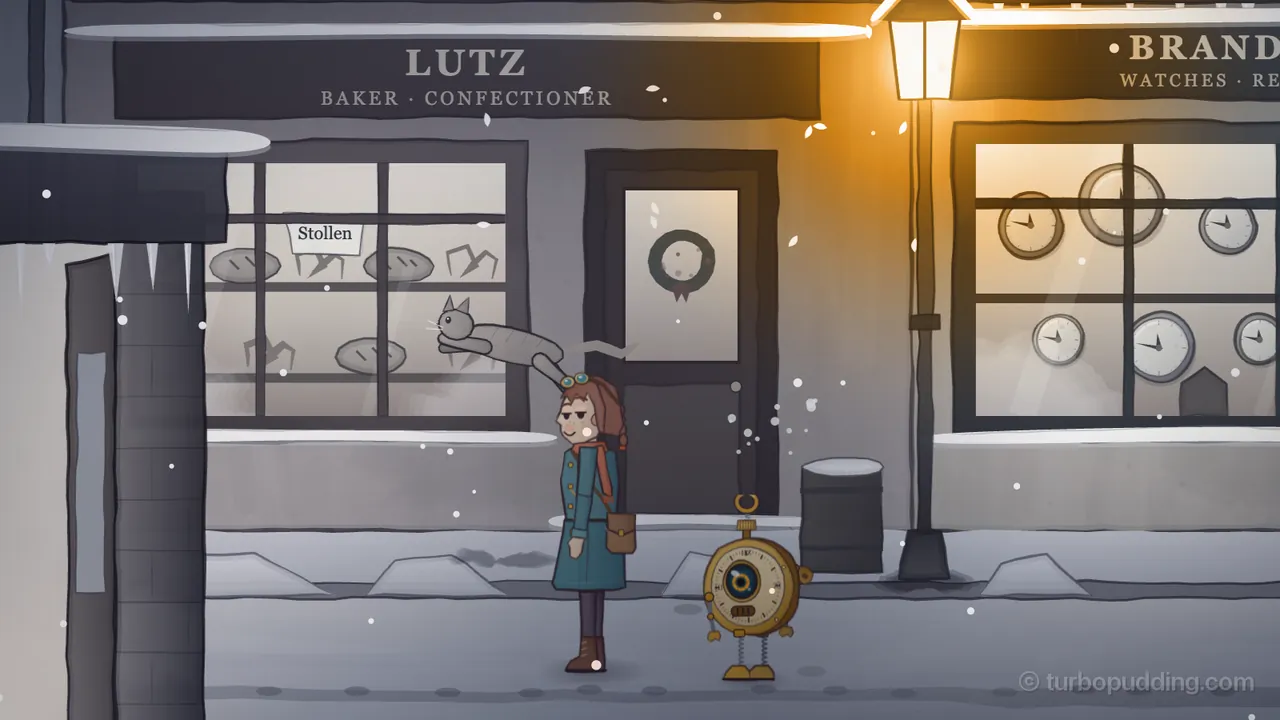 Clockmaker’s Lane at night, gray and still under hanging snowflakes: Mira, a girl with auburn braids, brass goggles pushed up on her head, a teal coat, a rust-orange scarf and a brown leather satchel, stands on the snowy sidewalk with a sly, half-closed smile; right above her head Mitzi, a gray striped cat, hangs in the air mid-leap in front of the Lutz bakery window, where loaves and pretzels sit on the shelves under a small sign that says Stollen, a German Christmas bread with dried fruit; beside her stands Tik, a small brass robot shaped like a pocket watch, with one big round eye and thin spring legs, and behind them are the bakery’s dark door with a wreath, a barrel, a glowing street lamp and the clock-filled window of Brandl and Sons, with the corner of a snowy stone pillar in the foreground at the left