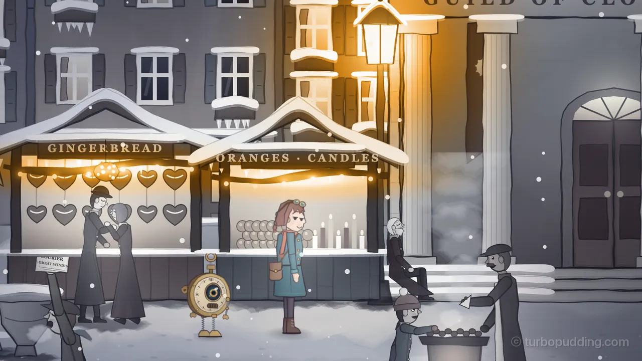 The market square at night, gray and still: Mira, in her teal coat, rust-orange scarf and brass goggles, stands smiling softly with half-closed eyes in front of a wooden stall with a snowy roof and a sign reading Oranges · Candles, where rows of round fruit wrapped in paper and tall white candles glow under a string of warm lights; Tik, the brass pocket-watch robot, stands to her left; on the left a couple stands close together in front of the Gingerbread stall, hung with rows of heart-shaped cookies, and a paper notice for the Courier hangs at its corner; on the right an old man sits on the snowy steps of the Guild’s hall with its tall columns and a glowing lamp, and a chestnut seller in a cap holds out a paper cone to a child in a knit hat
