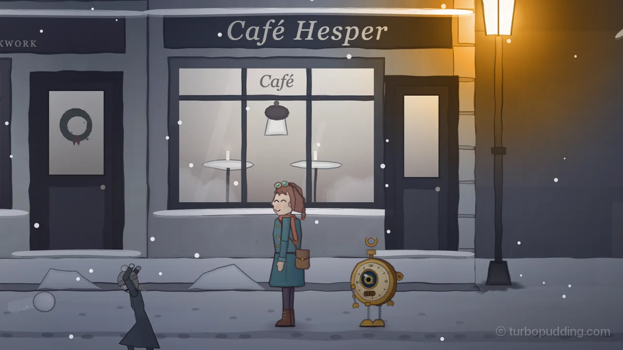 Clockmaker’s Lane at night, gray and still under hanging snowflakes: Mira, a girl with auburn braids, brass goggles pushed up on her head, a teal coat, a rust-orange scarf and a brown leather satchel, stands smiling with her eyes shut in front of the big window of Café Hesper, its name in pale letters on a dark sign above and the word Café on the glass, where a hanging lamp and two round tables with white candles wait in the empty room; to her right stands Tik, a small brass robot shaped like a pocket watch, with one big round eye and thin spring legs; a street lamp glows gold at the right, a dark door with a wreath stands at the left, and at the bottom left a girl in a long dark coat ducks, with a snowball hanging in the air beside her