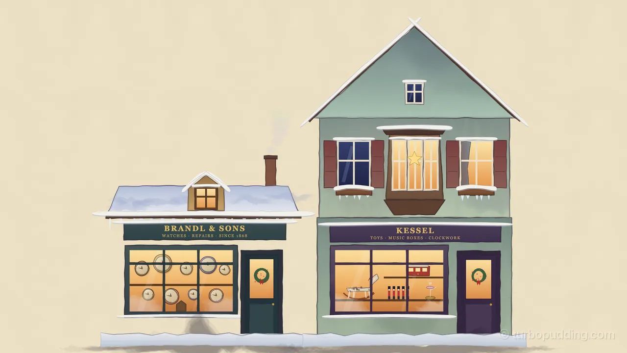 Two shops from Clockmaker’s Lane painted on their own on warm cream paper, side by side on strips of snow: on the left, the low ochre Brandl and Sons with a snowy roof, a lit dormer window, a brick chimney with a column of pale smoke standing over it, a dark green sign reading BRANDL & SONS, WATCHES · REPAIRS · SINCE 1868, a lit shop window full of small round clocks and a dark green door with a wreath; on the right, the tall pale green Kessel toy shop with a steep snowy gable and a small attic window, shuttered windows, a bay window with a gold paper star, a purple sign reading KESSEL, TOYS · MUSIC BOXES · CLOCKWORK, a lit window with a rocking horse, tin soldiers and a toy tram, and a purple door with a wreath