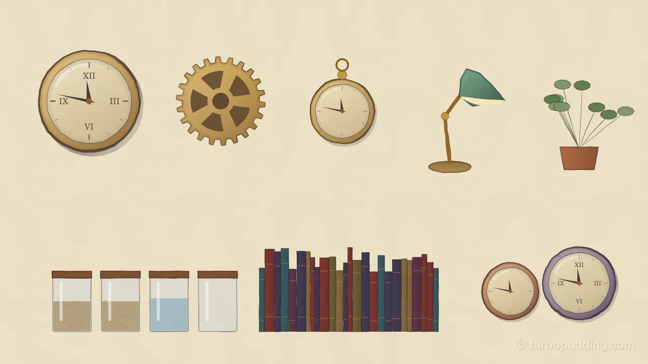 Painted objects laid out on cream paper: a large brass wall clock with Roman numerals and its hands at 11:47, casting a soft shadow; a brass gear with dark cutouts; an open brass pocket watch with a ring on top; a brass desk lamp with a jointed arm and a green glass shade; a copper pot of winter herbs with round leaves on long stems; below, four glass jars with wooden lids holding screws, tiny gears, water and nothing; a row of books in red, blue, green and plum with gold bands on their spines; and two more small clocks, one copper and one plum