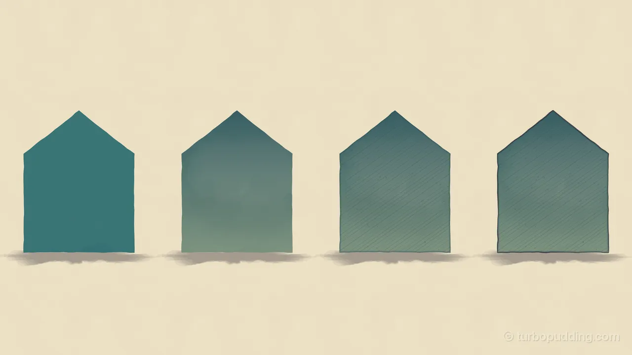 Four identical teal house shapes with pointed gables in a row on cream paper, each standing on a soft brownish shadow: the first is one flat, even teal; the second is lighter and greener toward the bottom, darker at the top, with faint cloudy patches; the third adds a darker band just inside the edges, fine diagonal hatching and tiny specks; the fourth is the same with a dark wobbly ink outline around it
