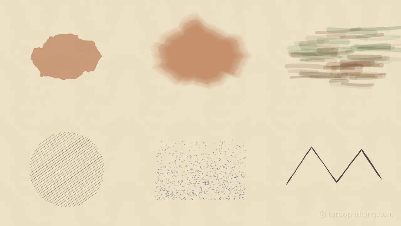 Six painted marks on warm cream paper in two rows: at top left, a single flat copper-brown blot with a ragged edge; next to it, the same blot built from many thin glazes, its edge soft and feathered with faint rings; at top right, a tangle of loose horizontal dry-brush strokes in brown and sage green; below, a circle filled with fine diagonal pencil hatching; a rectangle of scattered blue-gray specks of different sizes; and a single dark ink zigzag shaped like two mountain peaks, thick in the middle of each stroke and thin at the ends
