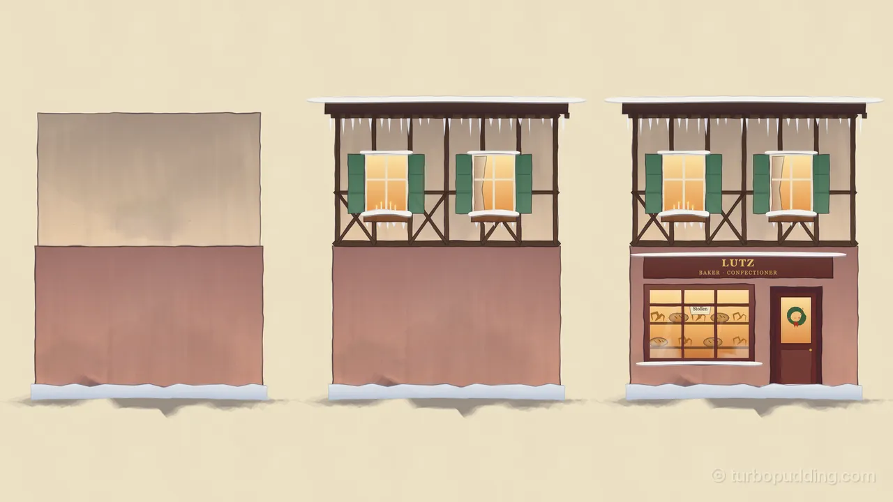 The same two-story house painted three times side by side on cream paper, each on a strip of snow: first just two plain plastered walls, rose below and pale cream above, streaked with soft brush marks; second, the upper floor now has a dark timber frame with crossed braces, an eaves board with icicles along the top, and two glowing windows with green shutters, candles in the left one and a curtain in the right; third, the finished bakery, with a dark red sign reading LUTZ, BAKER · CONFECTIONER in gold, a lit shop window full of pretzels and round loaves on two shelves with a small card reading Stollen, and a red door with a lit window and a green wreath