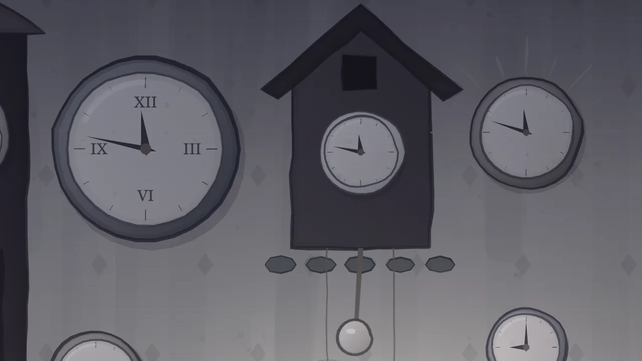 A close-up of Grandpa’s clock wall in the stopped minute, all in grays: on the left a big round station clock with Roman numerals at 11:47; in the middle a cuckoo clock shaped like a little house with a pointed roof, a small dark square door under the roof, a round dial, a row of carved leaves underneath, two thin weight chains and a pendulum hanging perfectly still; on the right a sunburst clock with thin rays around its round case; the pointed top of the Vienna regulator shows at the left edge, and two small round clocks peek in at the bottom