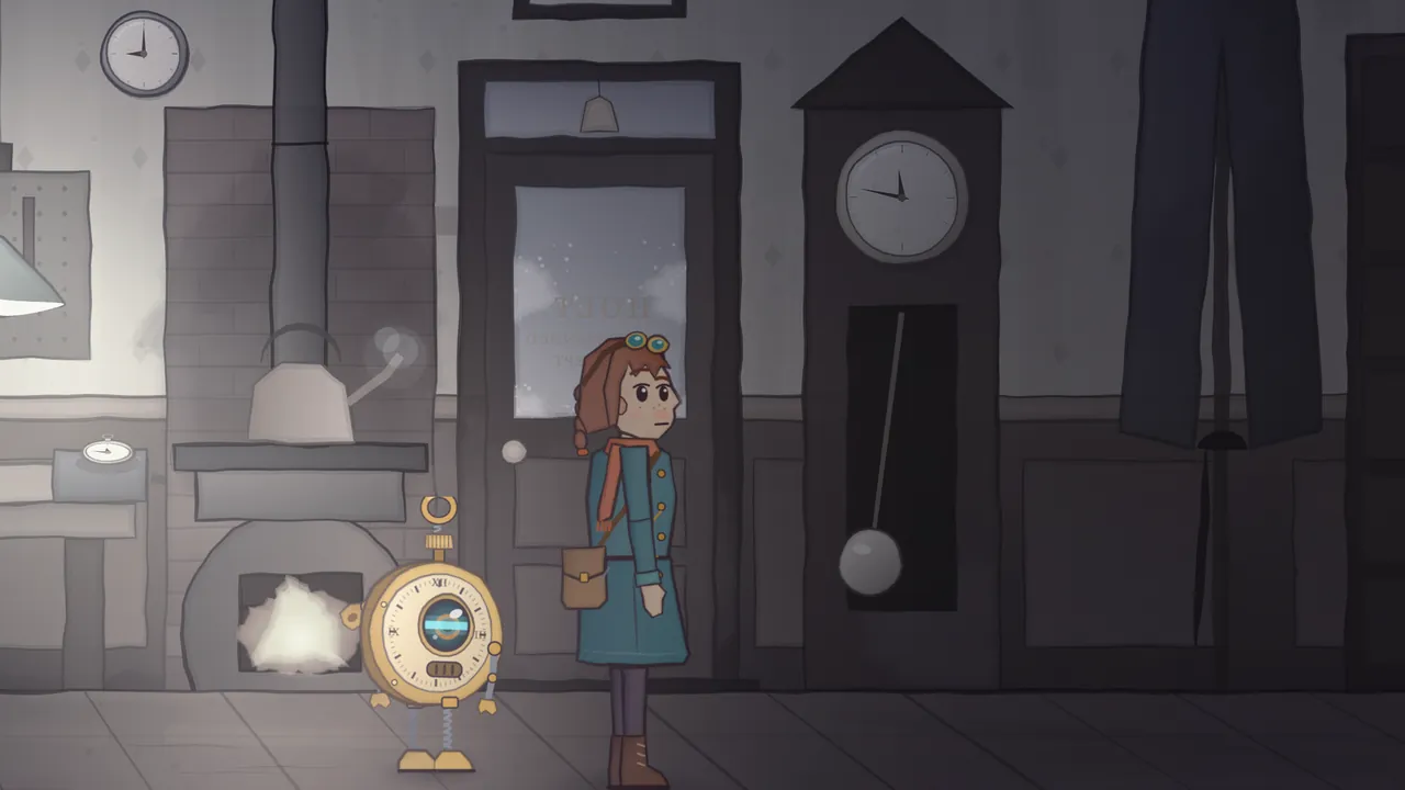 Grandpa’s workshop in the stopped minute, drained to gray except for the heroes: Mira, a girl with auburn braids, brass goggles on her head, a teal coat, a rust scarf and a brown satchel, stands by the shop door looking at a tall longcase clock with a pointed top, a plain round dial and a long pendulum stopped far out to one side; next to her stands Tik, a little round brass robot built like a pocket watch, with one big lens eye and spring legs; behind them are the brick stove with its fire frozen into a pale white shape, a kettle with a puff of steam hanging over its spout, the door with HOLT painted backward on its frosted glass and a long coat hanging on a rack