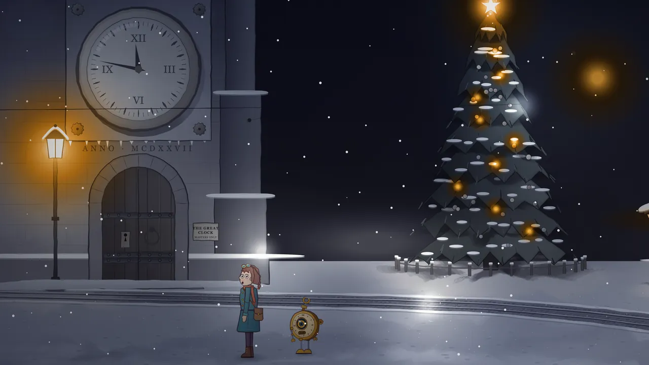The market square of Glimmerau at night in the stopped minute: the Great Clock’s huge pale dial with Roman numerals stands at 11:47 on a stone tower, with ANNO · MCDXXVII carved under it, above an arched oak door with iron straps and a big keyhole, a small plate reading THE GREAT CLOCK, MASTERS ONLY and a glowing street lamp; below, Mira in her teal coat looks up at the clock with her mouth open, with Tik, the brass pocket-watch robot, beside her, tram rails curve across the snow, and on the right a tall Christmas tree with a gold star and warm lights stands inside a little fence, with snowflakes hanging still in the dark air