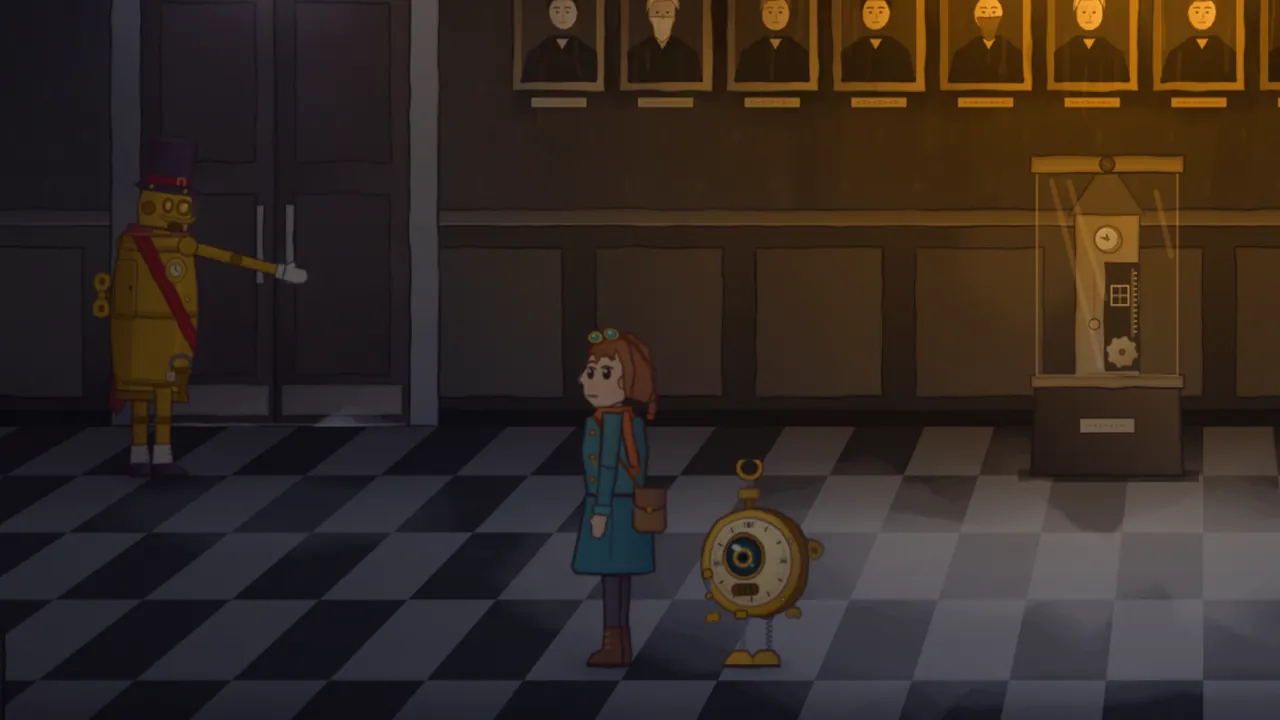 Inside a dark hall with a checkered marble floor, a tall brass automaton porter in a plum-colored top hat and a red sash holds open a pair of tall dark doors with one outstretched arm, while Mira, a girl with auburn hair, brass goggles on her head, a teal coat and a satchel, stands in the middle looking at him, Tik, a round brass pocket-watch robot, at her side, a glass case with a model clock tower and two rows of portraits in gilt frames behind them