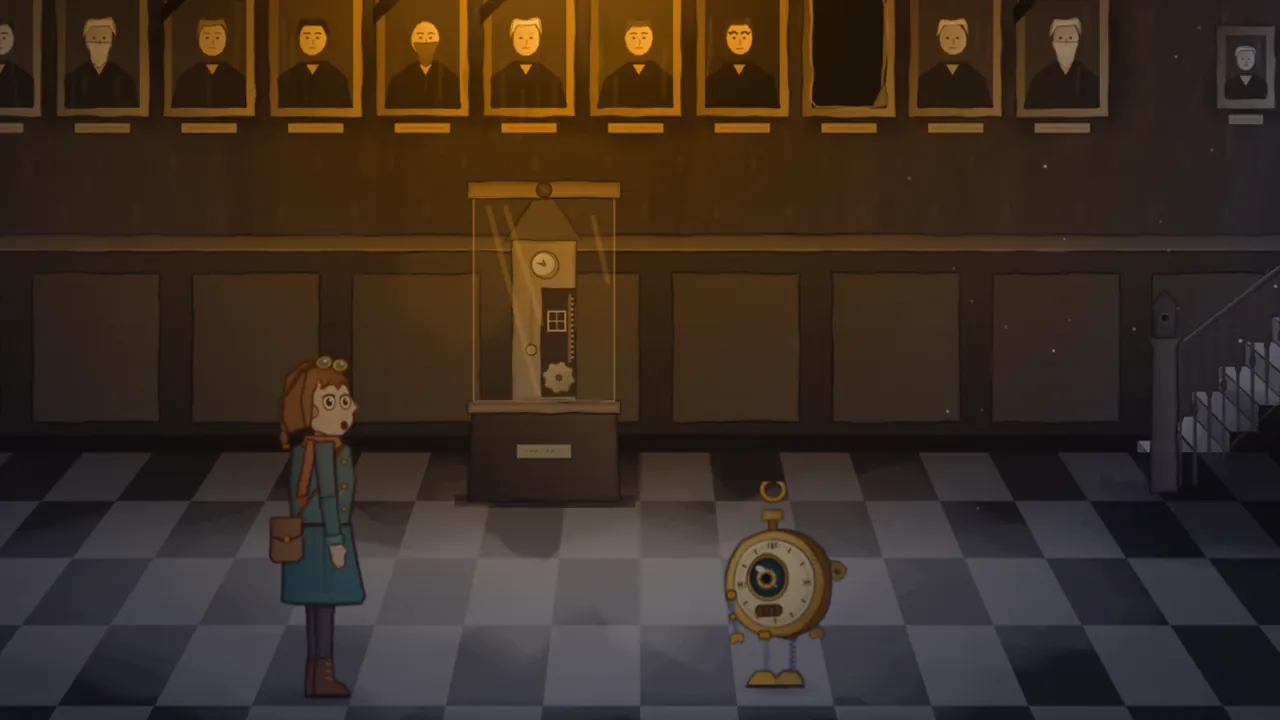 In the dark Guild Hall, Mira stands with her mouth open in surprise on a checkered marble floor beside a tall glass case holding a model of a clock tower cut open to show its gears, with Tik the brass pocket-watch robot standing on the other side of the case, a row of portraits of old Masters in gilt frames above and the foot of a curved stair on the right
