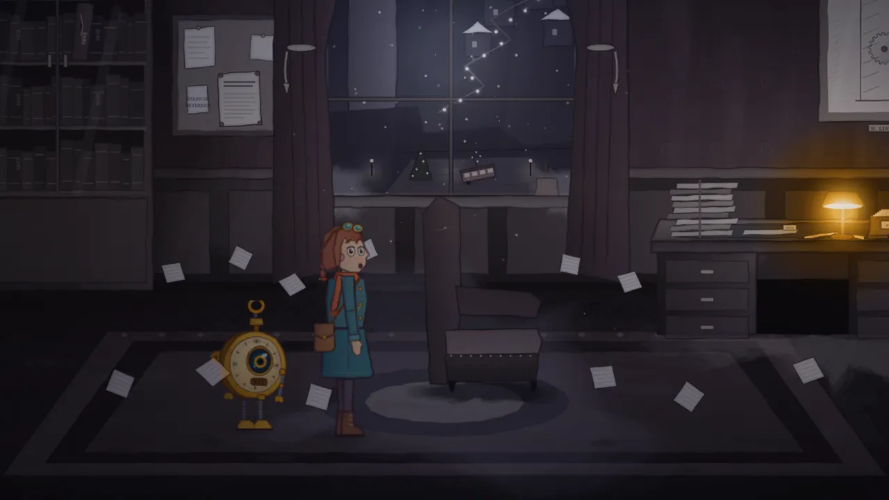 A dim office with red velvet curtains at night: Mira in her teal coat and Tik the brass pocket-watch robot stand on a big rug among sheets of paper hanging motionless in midair, beside a leather wingback chair, with a tall window onto a snowy town, a cork board with notes, a bookcase of journals, two wall clocks and a desk piled with folders under a glowing lamp
