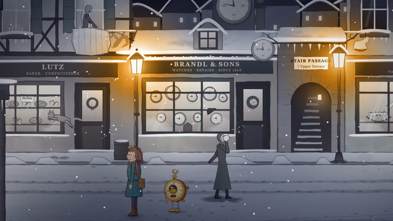 Clockmaker’s Lane at night, gray and still under hanging snowflakes: upstairs over the Lutz bakery, Frau Lutz leans out of her window over a big white feather bed; below, in front of the bakery window with its loaves and a Stollen sign, a gray cat is stretched out in mid-leap; in front of the lit window of Brandl & Sons, full of clock faces, a man in a long coat holds a handkerchief to his face, and his bowler hat hangs in the air by the glass; on the snowy pavement Mira, a girl in a teal coat, rust scarf and brass goggles, smiles with her eyes shut next to Tik, a small brass pocket-watch robot on spring legs, while two amber lamps glow on either side of Brandl’s and a sign over an arch reads Stair Passage, Upper Terrace