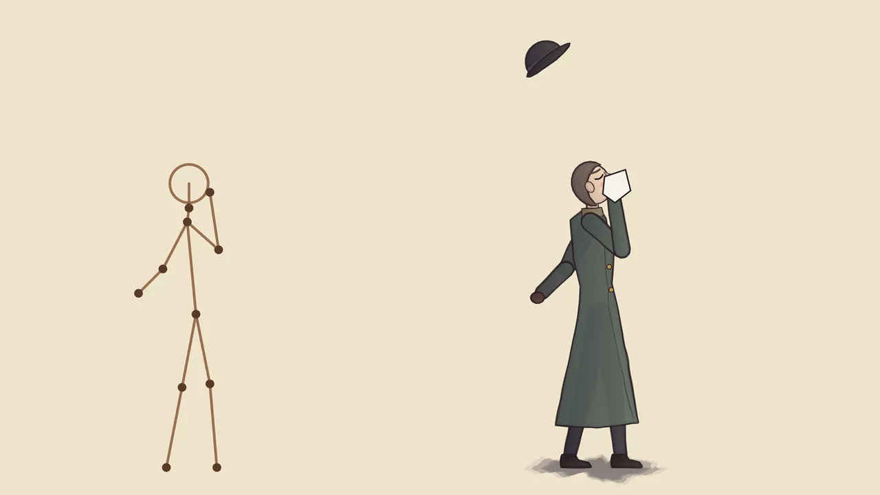 A sketchbook page on cream paper: on the left, a stick figure in brown lines with dark dots for the neck, shoulders, hips, elbows, hands, knees and feet and a circle for the head, one hand raised to the face and the other arm out behind; on the right, the same pose dressed as Doktor Fogel, a man in a long gray-green coat with brass buttons and dark trousers, eyes shut and head tipped back, pressing a white handkerchief to his nose while his black bowler hat flies high above him