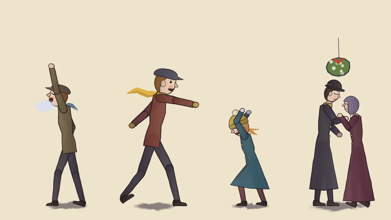 A sketchbook page on cream paper with four townsfolk in their stopped poses: a newsboy in a cap and a khaki jacket shouting with his eyes shut and one arm thrown up, a little cloud of breath hanging in front of his mouth; a boy in a cap and a red-brown jacket mid-throw, one arm flung forward, his back foot up on its toe and a yellow scarf flying out behind him; a girl in a yellow beanie and a teal coat ducking with both arms over her head; and a couple in long coats, the man in a bowler and the woman in a lilac kerchief, leaning in with their eyes closed under a sprig of mistletoe