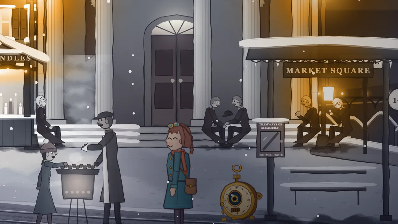 A corner of Market Square in gray: a chestnut seller in a flat cap, a long coat and a pale apron, with a moustache and a grin, holds out a paper cone over his brazier, where a row of chestnuts sits above glowing coals and a column of pale smoke hangs in the air behind; a girl in a knitted beanie with a pompom and a long coat reaches out for the cone; Mira, in color, stands in the middle smiling with her eyes shut, Tik stands on the right, and behind them townsfolk in long dark robes sit on the steps of a columned hall and under a tram stop roof with a sign that reads Market Square