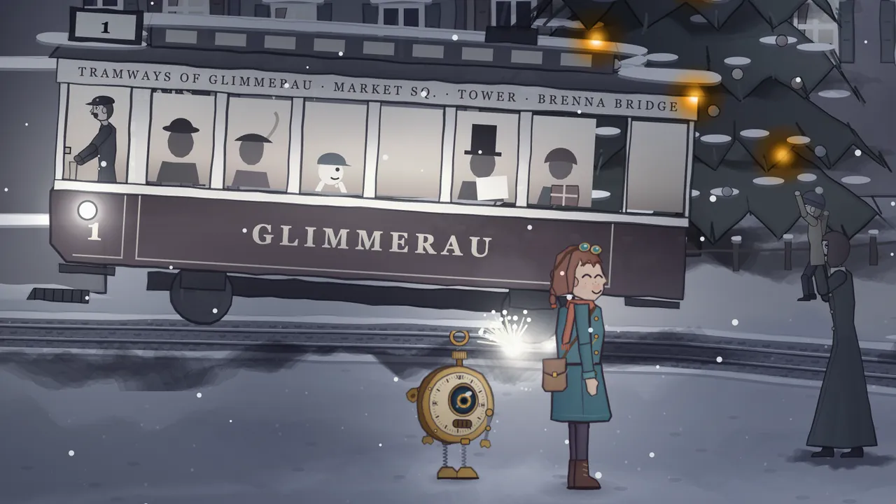Market Square in the stopped minute, all in grays: tram No. 1, a dark carriage lettered Glimmerau and Tramways of Glimmerau, Market Sq., Tower, Brenna Bridge, stands slightly tilted on its rails, with a moustached driver in a cap at the front and passengers drawn as gray silhouettes in a bowler, a feathered hat and a top hat, one holding a wrapped present, and a smiling child in a cap in the middle window; a white fan of sparks hangs in the air under its rear wheels; in front of it Mira, a girl in a teal coat, rust scarf and brass goggles, smiles with her eyes shut beside Tik, a small brass pocket-watch robot on spring legs, and on the right, under a big tree hung with amber bulbs, a mother in a long dark coat holds her little boy high over her head