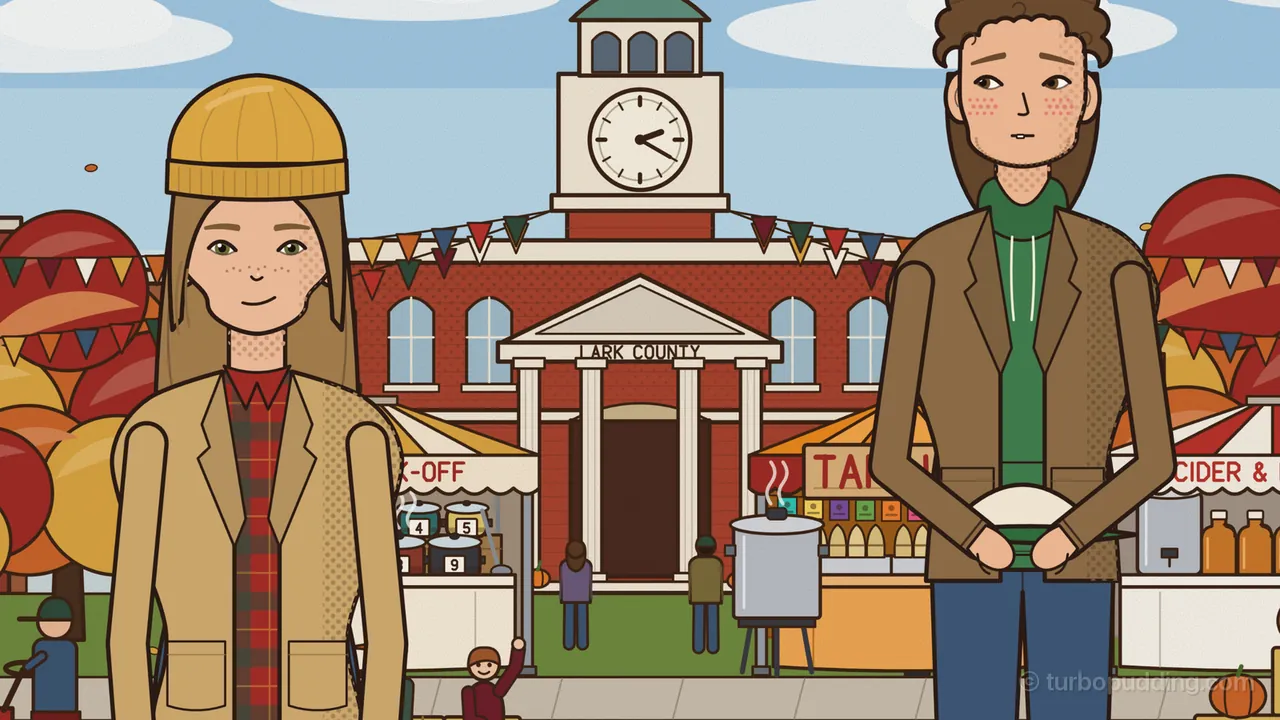 The Harvest Festival on the courthouse square on a sunny afternoon, with the Lark County courthouse and its clock tower showing twenty past four, strings of colorful pennants, red and orange trees and booths for the chili cook-off, tamales and cider: on the left, Juror Seven, a young woman with long light brown hair and freckles, smiles in a mustard knit cap, a tan jacket and a red plaid shirt; on the right, Wyatt Lindauer, a tall man with curly brown hair, freckles and pink cheeks, glances away shyly in a brown jacket over a green hoodie, holding his cap in both hands.