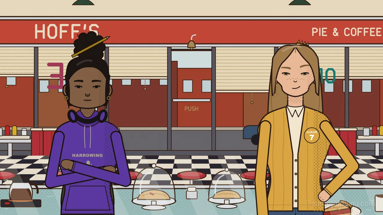 Hoff’s diner on a Monday morning, under a long red sign reading HOFF’S and PIE & COFFEE: on the left, Paloma, a girl with dark hair in a high bun with a pencil stuck through it, gold hoop earrings, purple headphones around her neck and a purple HARROWING hoodie, stands with her arms crossed and a deadpan look; on the right, Juror Seven, a young woman with long light brown hair, freckles and a mustard cardigan with a round Juror 7 badge, smiles smugly with one hand on her hip. Two pies sit under glass domes on the counter between them, a coffee pot warms on the left, and a slice of cherry pie waits at the bottom right.