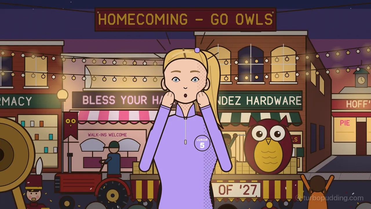 Main Street at night during the homecoming parade, under a banner reading HOMECOMING – GO OWLS and strings of glowing bulbs: Kaylee Dunn, a young woman with a blond ponytail and a lilac hair clip, in a lilac zip top with a round Juror 5 badge, presses her fists to her cheeks with wide blue eyes and a small open mouth, little surprise lines around her head. Behind her are the Bless Your Hair salon, Méndez Hardware, a float with a big red owl and CLASS OF ’27, a red tractor, the bell of a tuba and a drummer in a plumed hat.