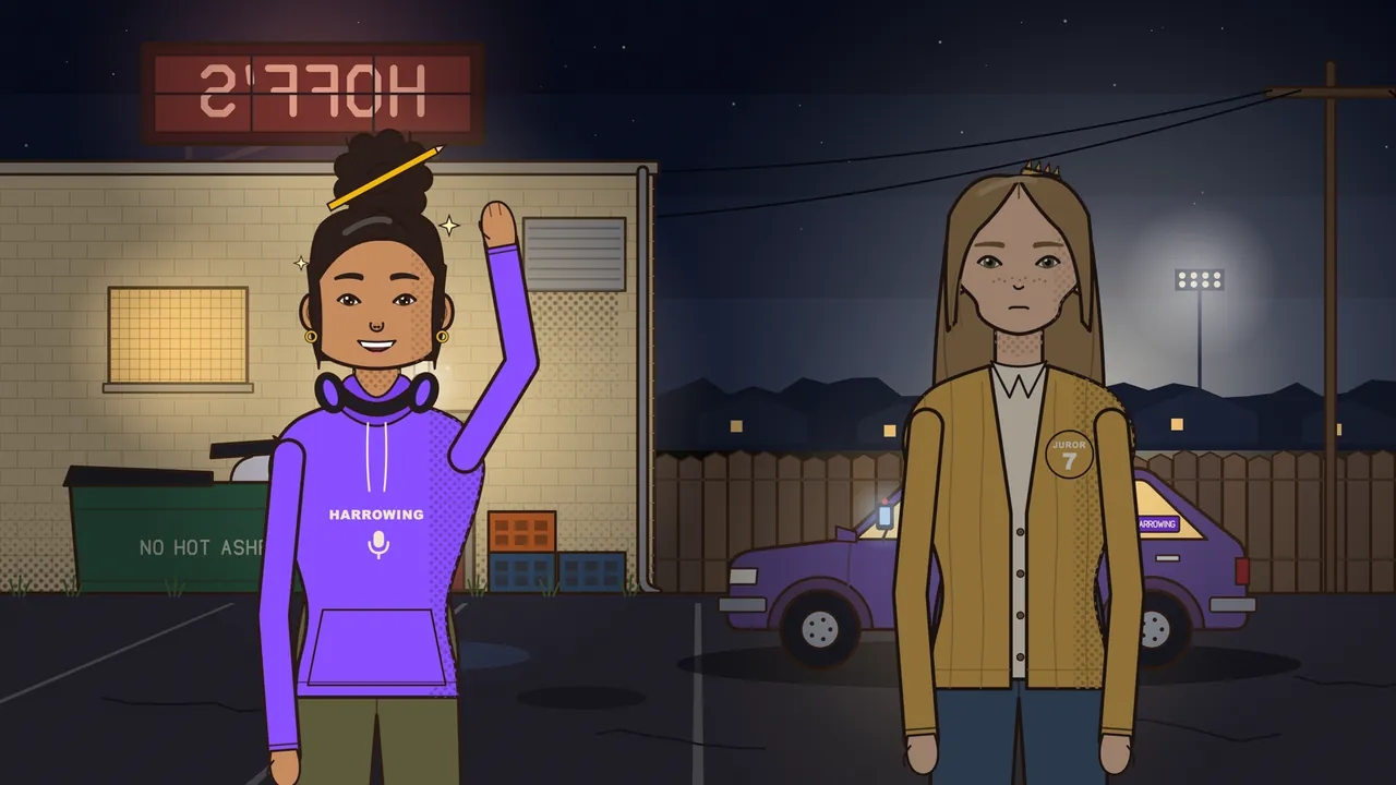 The lot behind Hoff’s at night, under the back of a big red HOFF’S sign: Paloma, with dark hair in a high bun with a pencil stuck through it, gold hoop earrings, headphones around her neck and a purple HARROWING hoodie, raises one hand with a big grin and little sparkles around her head; on the right, Juror Seven, with long light brown hair, freckles and a mustard cardigan with a Juror 7 badge, watches her without a smile; behind them are a green dumpster, stacked crates, a wooden fence, a small purple car with a phone glowing on the dash and the stadium lights far off