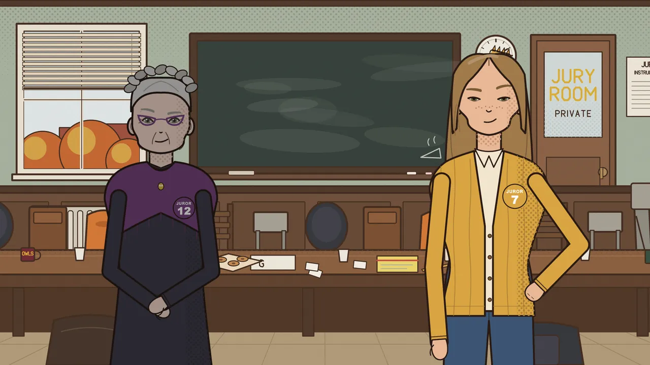 The jury room at recess: on the left, Patty, Juror Twelve, an older woman with curly gray hair, purple cat-eye glasses and a plum dress with a small gold brooch, smiles with her hands folded; on the right, Juror Seven, with long light brown hair, freckles and a mustard cardigan with a Juror 7 badge, stands with one hand on her hip and a smug little smile; behind them are a long table with paper cups, a tray of donuts and scattered business cards, a big green chalkboard, a window with orange autumn trees and a door reading JURY ROOM, PRIVATE