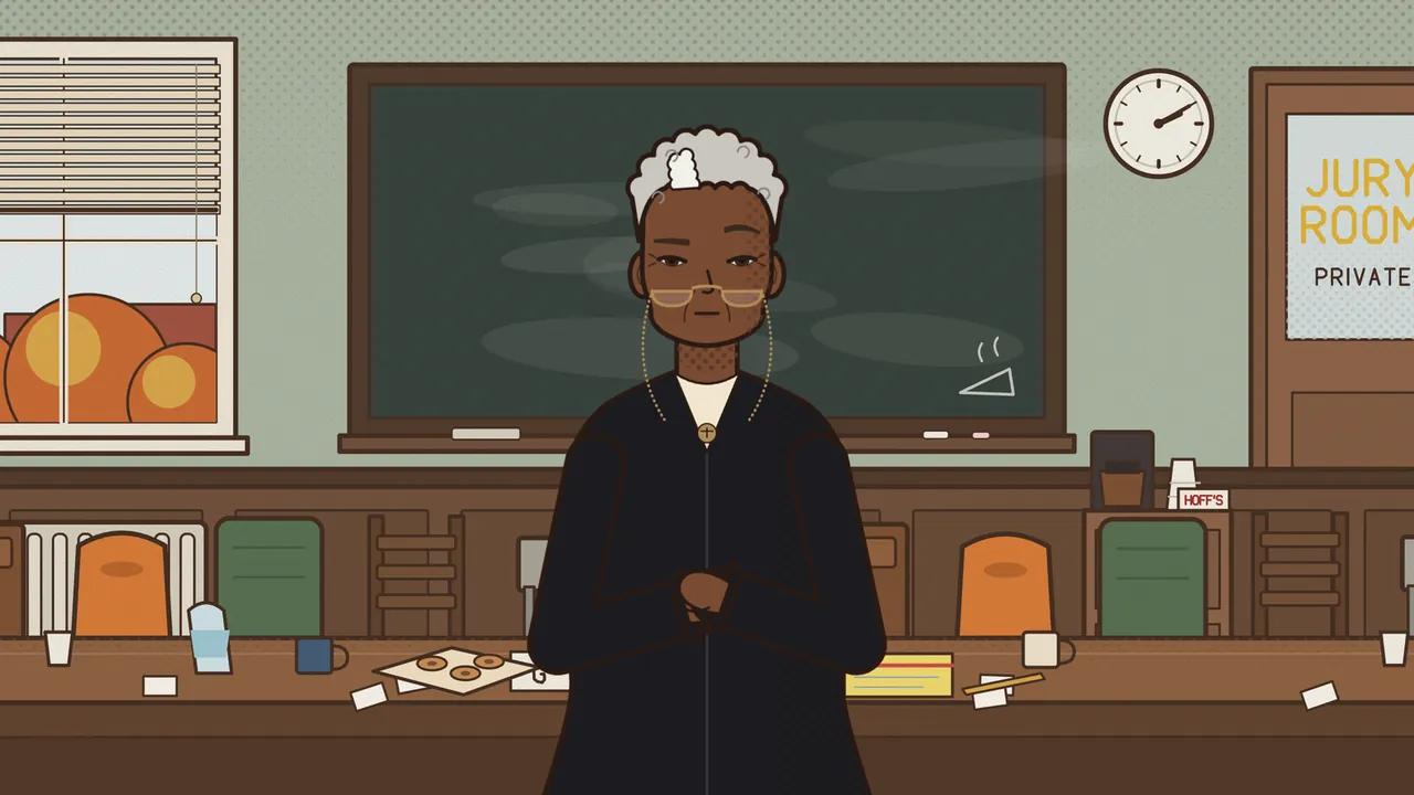 Judge Whitlock in the jury room: a woman with short curly gray hair with one white streak, gold glasses on a chain low on her nose and a black robe looks over her glasses with her hands folded; behind her are the long table with a tray of donuts, coffee cups and business cards, a big green chalkboard, a wall clock, a window with orange autumn trees and the door reading JURY ROOM, PRIVATE