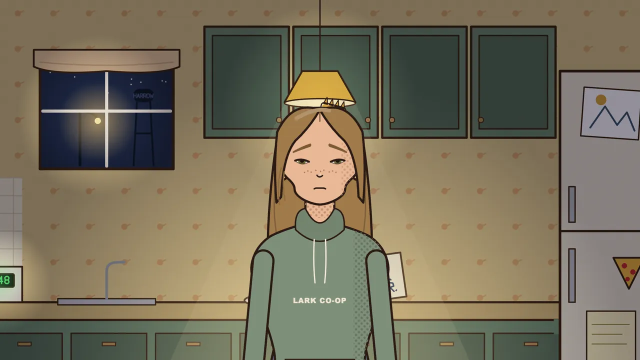 A small kitchen at night under a yellow hanging lamp: Juror Seven, a young woman with long light brown hair, freckles and a tired, worried face, stands in the middle in a sage green Lark Co-op hoodie; behind her are green kitchen cabinets, wallpaper with tiny brown sprigs, a window with a streetlight and the Harrow water tower in the dark, a sink and a stove clock on the left, and a fridge with a mountain picture and a pizza magnet on the right