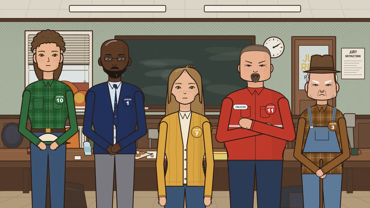 Five jurors stand side by side at their true heights in the jury room: lanky Wyatt in a green plaid shirt, Marcus in a navy suit and glasses, the young heroine in a mustard cardigan, broad Travis in a red work shirt and old Earl in a brown hat with a cane, each wearing a round JUROR sticker with a number