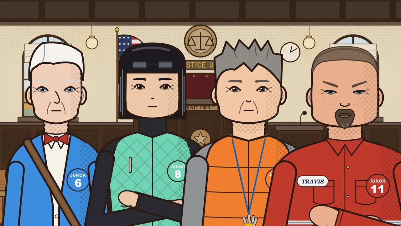 Four jurors shoulder to shoulder in the courtroom: Gene with white hair, a red bow tie and a blue cardigan, Dr. Park with a black bob and glasses pushed up, Tammy with spiky gray hair in an orange vest, and Travis with a buzz cut and goatee in a red work shirt