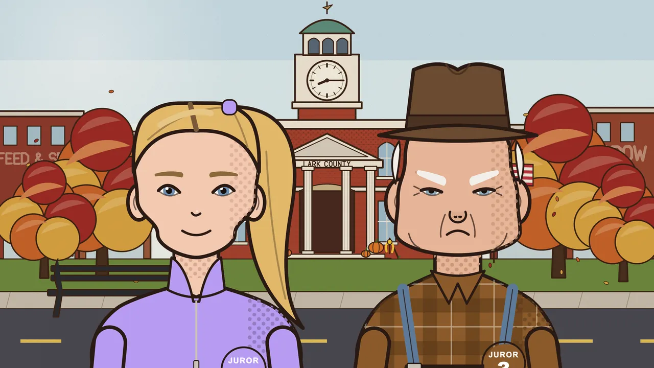Kaylee, a young juror with a blond ponytail and a lilac zip top, smiles next to Earl, an elderly juror in a brown hat, plaid shirt and overalls, frowning under thick white eyebrows, with the red brick courthouse and autumn trees behind them