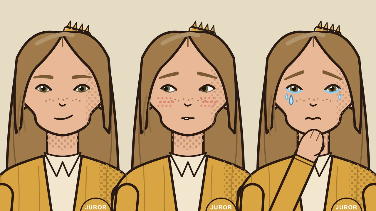 Three portraits of the heroine, Juror Seven, with long brown hair, freckles and a mustard cardigan: a small smile, a shy look with a bitten lip and dotted blush, and tears with a wobbly mouth and a hand at her chin